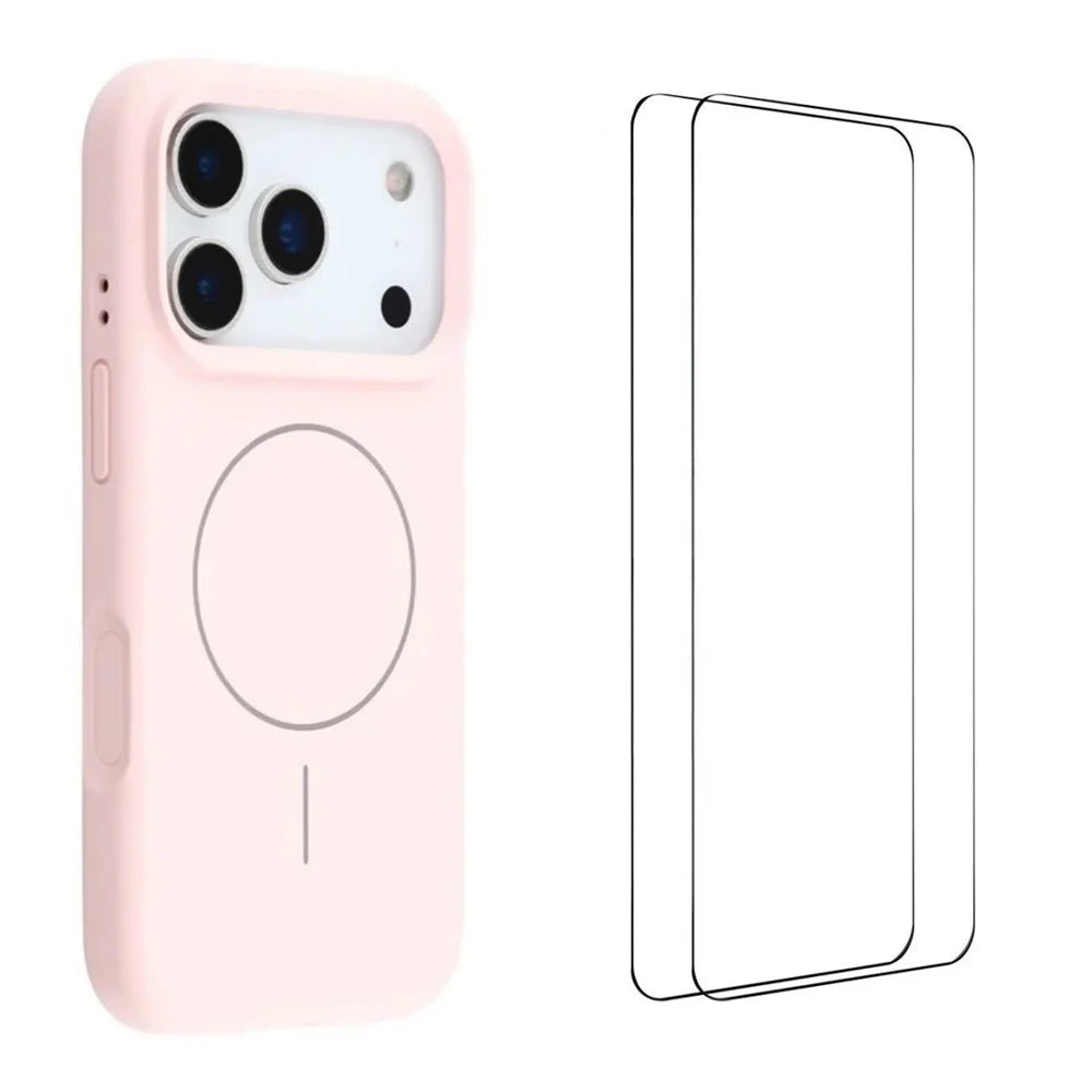 WANLONFENG XQ Series For iPhone 17 Pro Case Compatible with MagSafe TPU Liquid Silicone Phone Cover with 2 Tempered Glass Films - Pink - 1