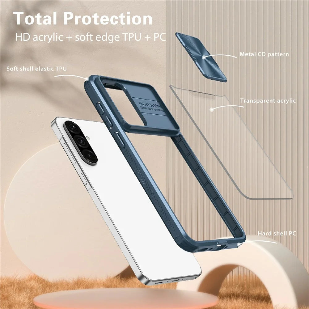 For Samsung Galaxy A26 5G Case TPU + PC Clear Phone Cover with CD-Veins Camera Lens Sliding Lid - Navy Blue - 6