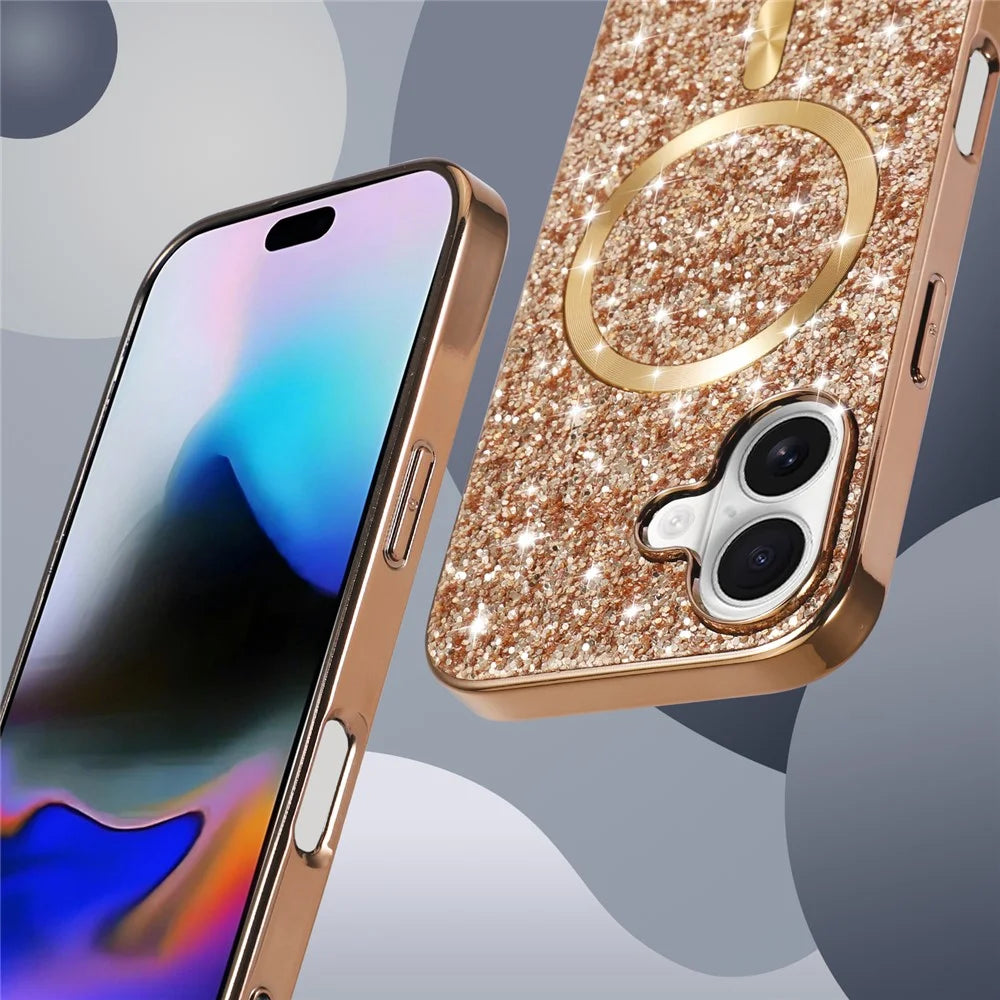 For iPhone 17 Magnetic Phone Case Glitter Electroplated TPU Frame PC Back Cover - Rose Gold - 4