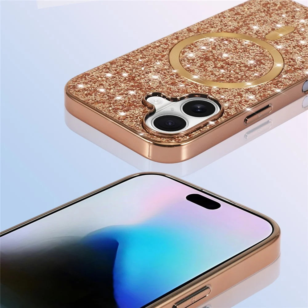 For iPhone 17 Magnetic Phone Case Glitter Electroplated TPU Frame PC Back Cover - Rose Gold - 5