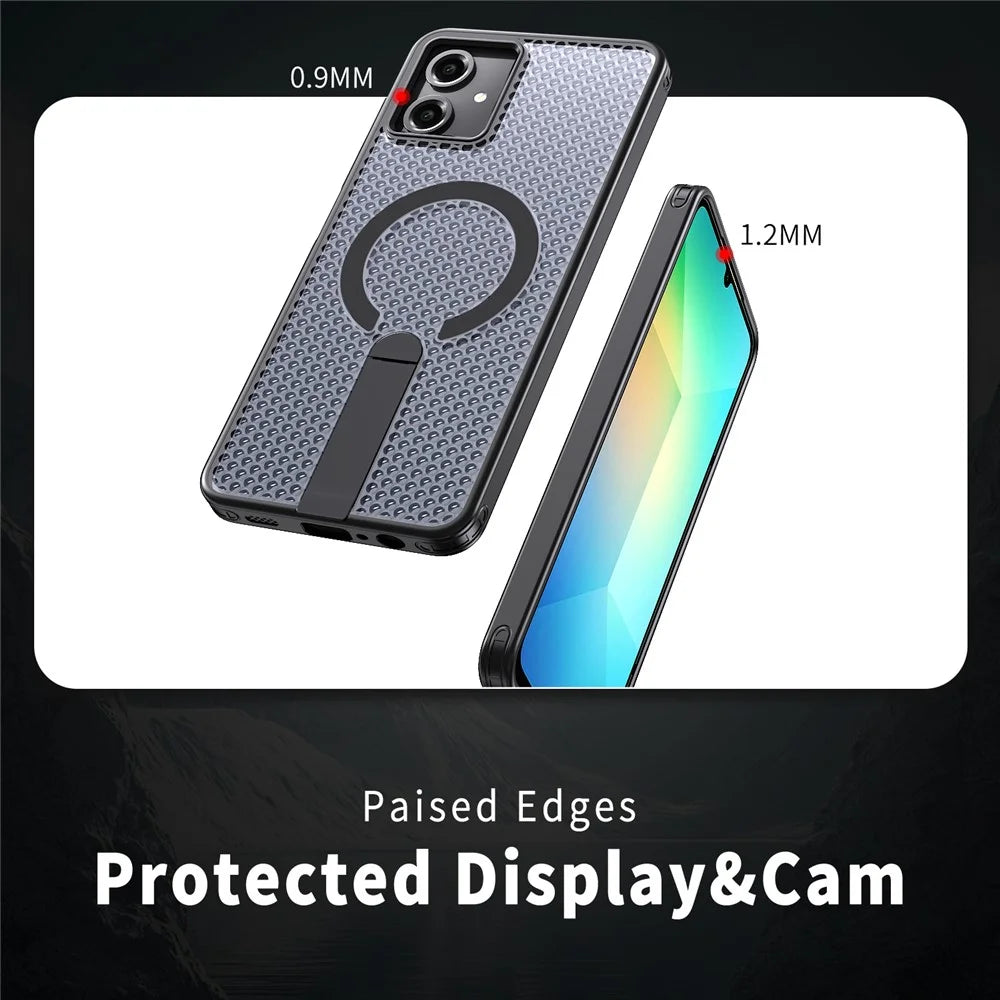 For Samsung Galaxy A06 4G Magnetic Case Kickstand Grid Texture TPU PC Phone Back Cover - Black - 4
