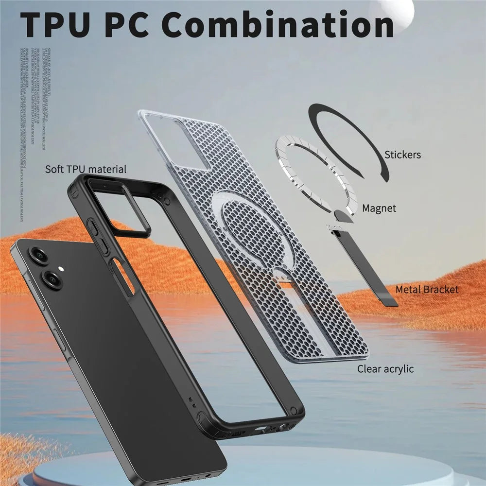 For Samsung Galaxy A06 4G Magnetic Case Kickstand Grid Texture TPU PC Phone Back Cover - Black - 5