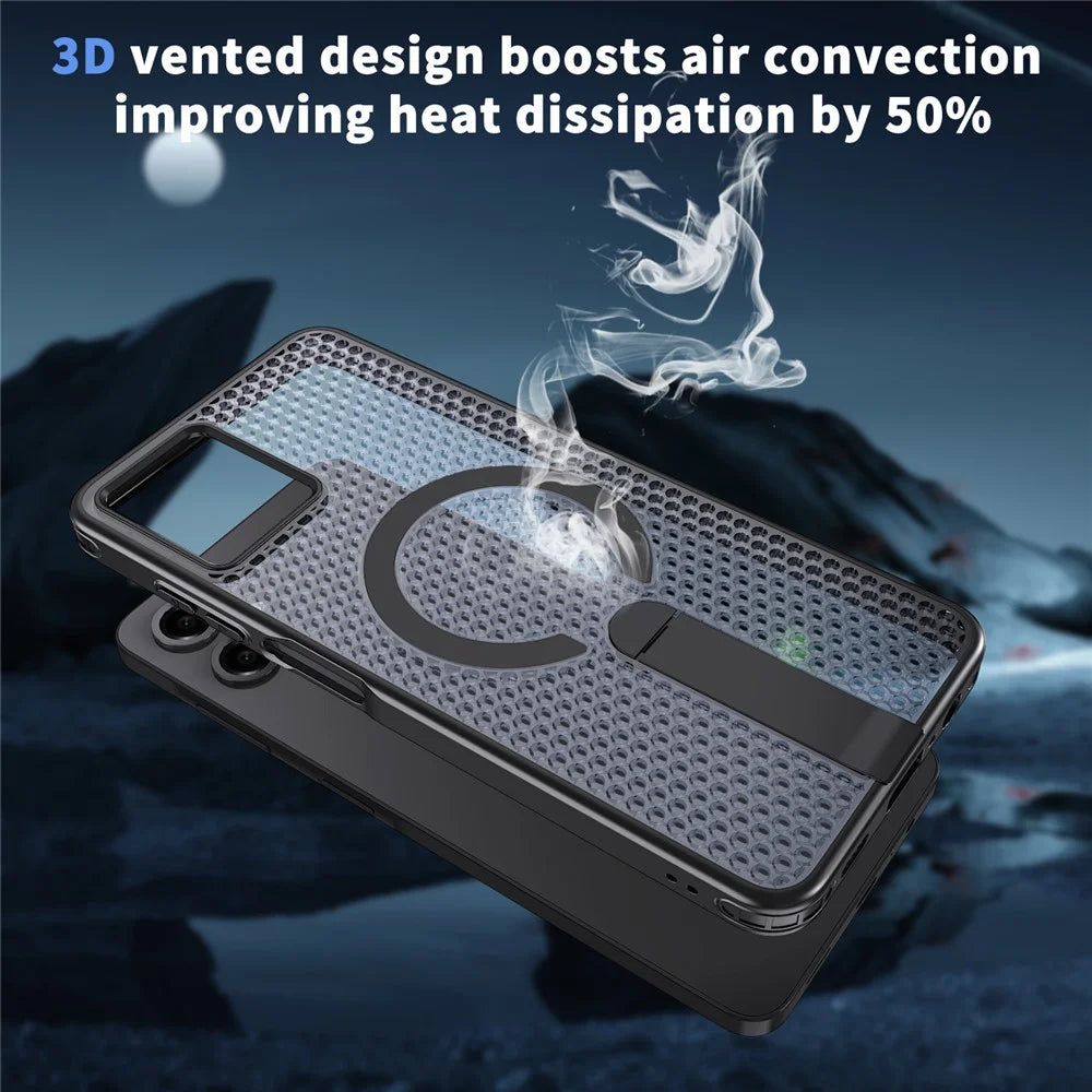 For Samsung Galaxy A06 4G Magnetic Case Kickstand Grid Texture TPU PC Phone Back Cover - Black - 7