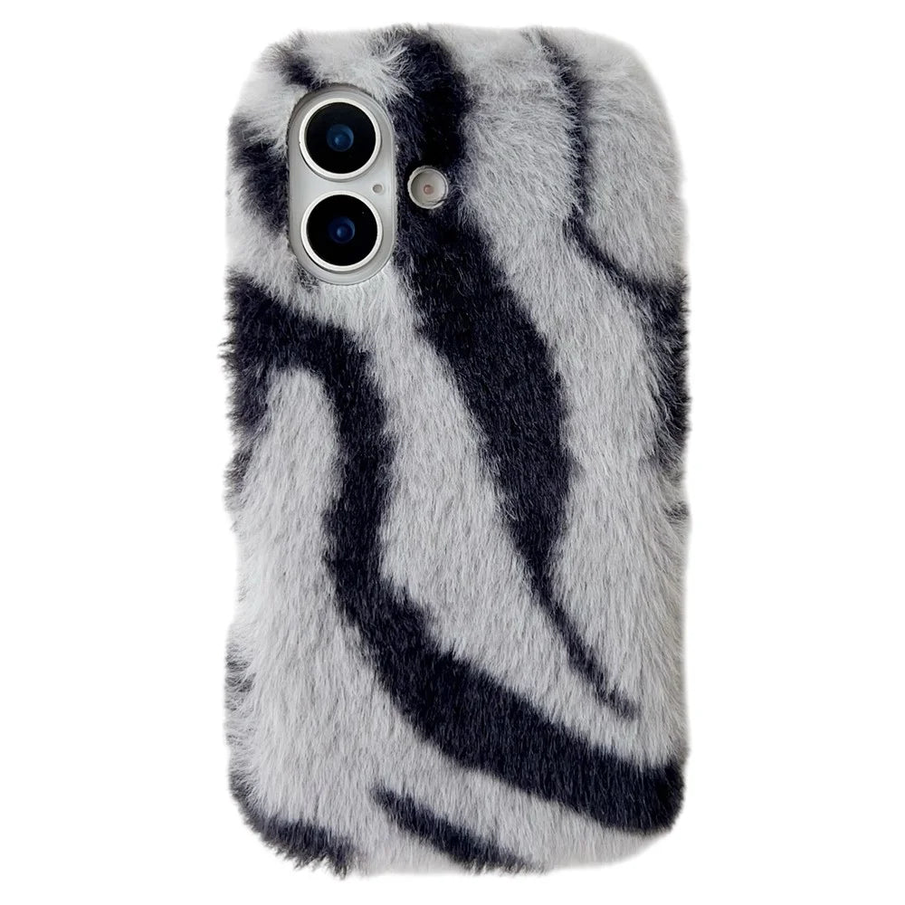 For iPhone 17 Case Zebra Pattern Soft Plush TPU Phone Cover - Grey - 1