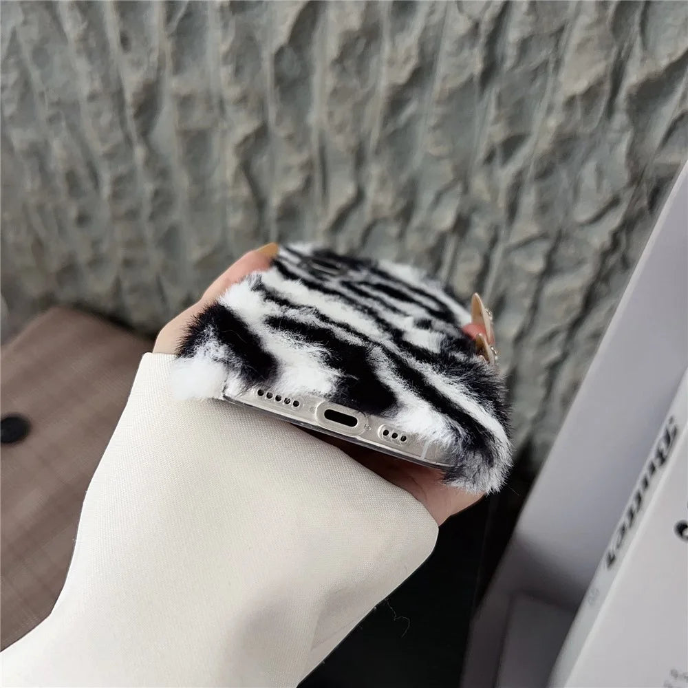 For iPhone 17 Case Zebra Pattern Soft Plush TPU Phone Cover - Grey - 4