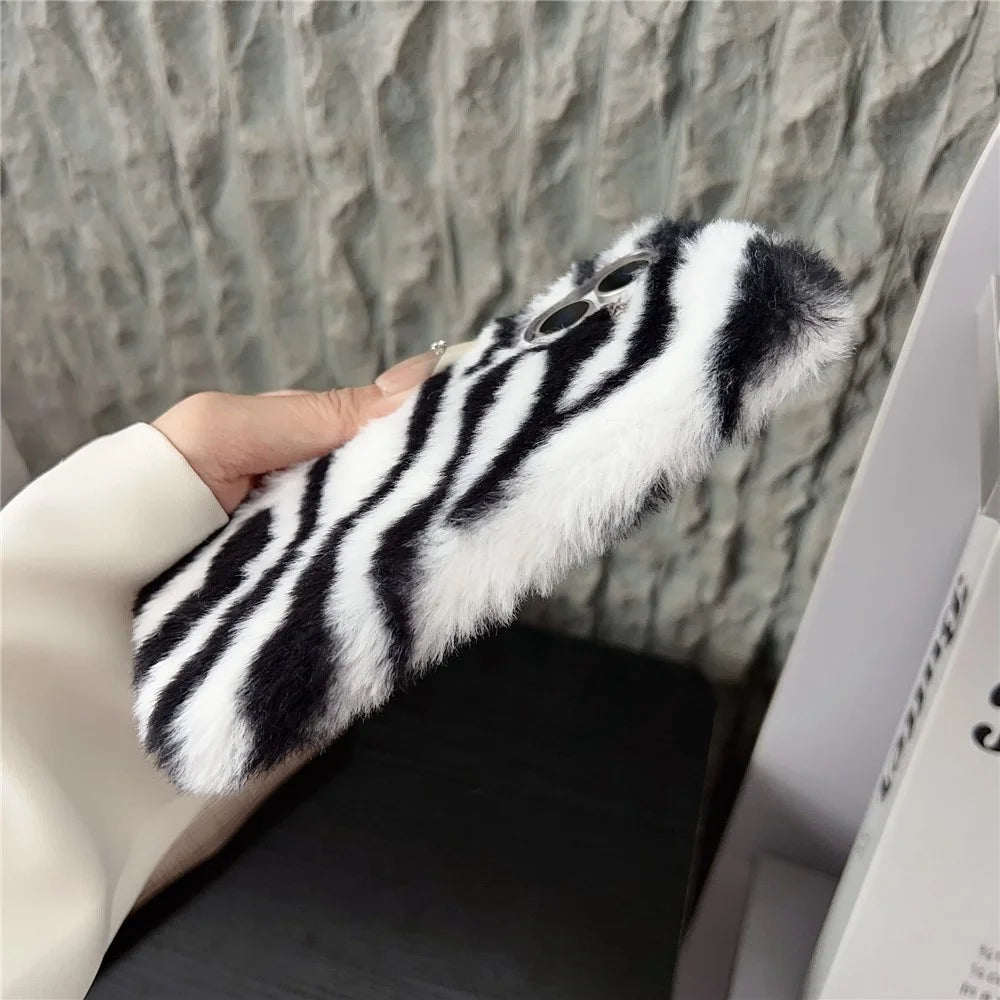 For iPhone 17 Case Zebra Pattern Soft Plush TPU Phone Cover - Grey - 5