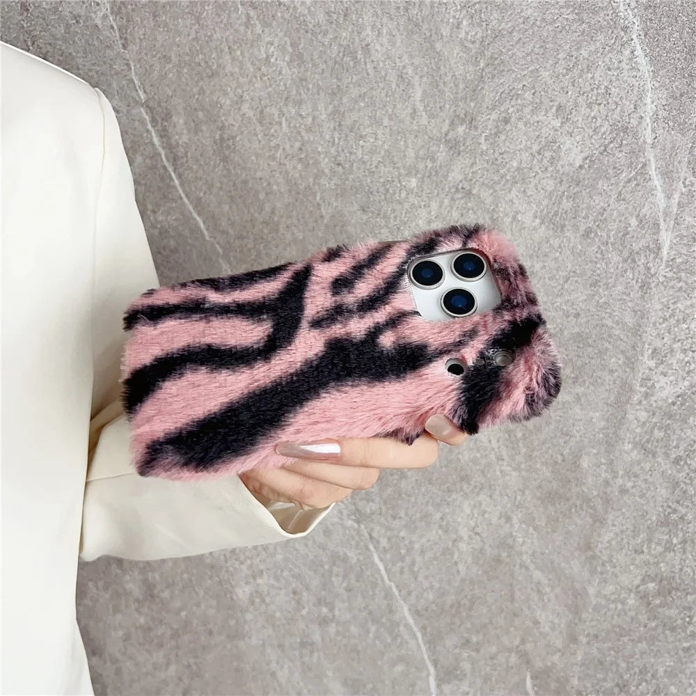 For iPhone 17 Pro Max Case Zebra Pattern Soft Plush TPU Phone Cover - Pink - 3