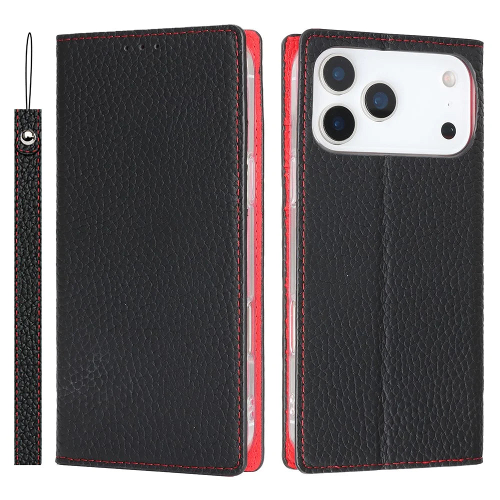 For iPhone 18 Pro / 17 Pro Wallet Case Genuine Cow Leather Phone Cover Litchi Texture - Black - 1
