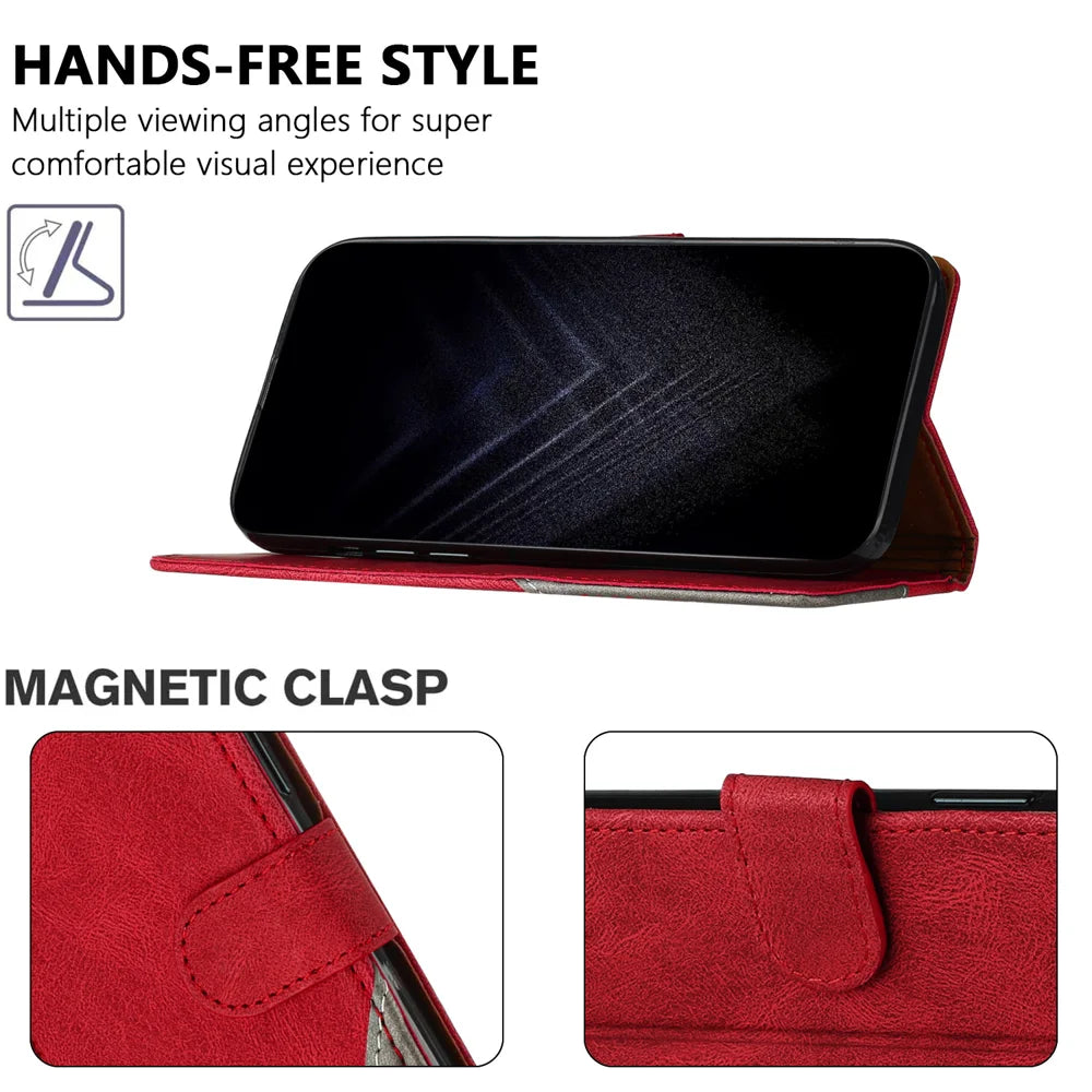 For Fairphone 6 Leather Case Triangle Patchwork Wallet Stand Shockproof Phone Cover - Red - 3
