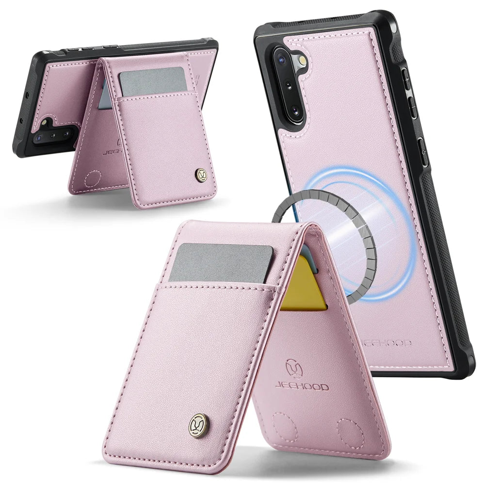 JEEHOOD For Samsung Galaxy Note 10 4G Leather Back Cover Magnetic Case  J06 Phone Case with Card Bag RFID Blocking - Pink - 2