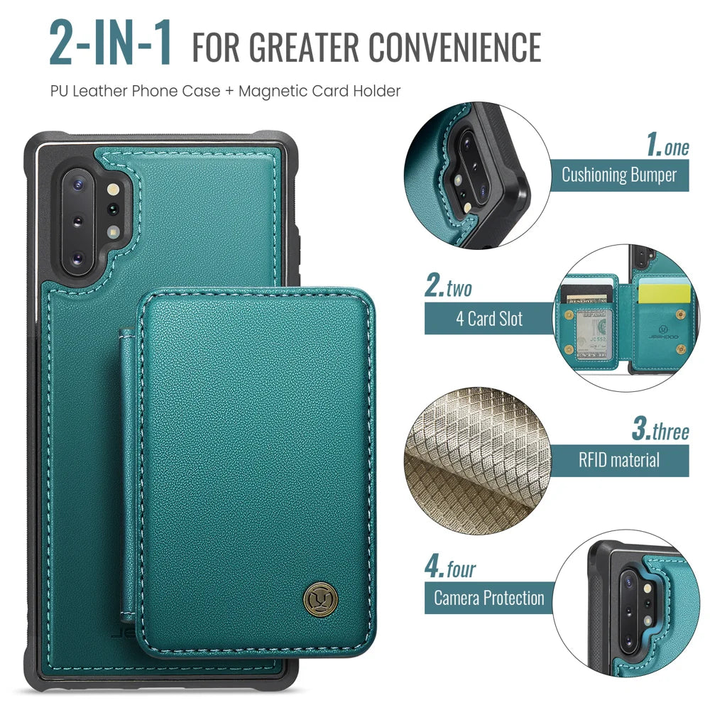 JEEHOOD For Samsung Galaxy Note 10 Plus 4G Case  J05 Leather Mobile Cover with Detachable Magnetic Card Bag - Blue - 2