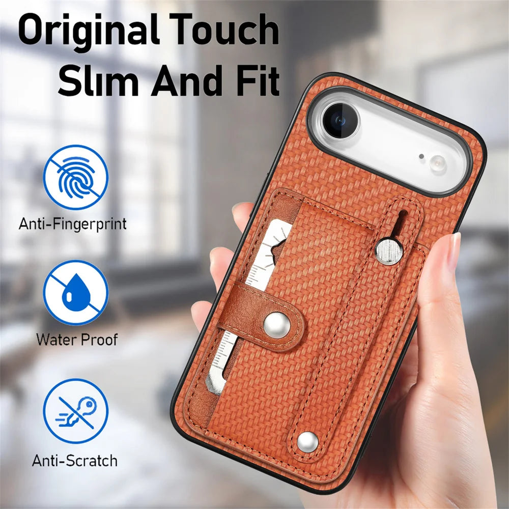For iPhone Air Case Carbon Fiber Texture Leather Phone Back Cover with Card Holder - Brown - 5
