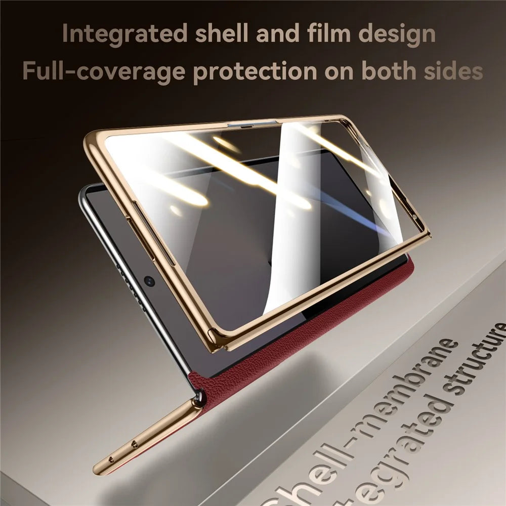 SULADA For Samsung Galaxy Z Fold7 5G Magnetic Case Genuine Cow Leather Phone Cover with Tempered Glass Screen Protector - Brown - 4
