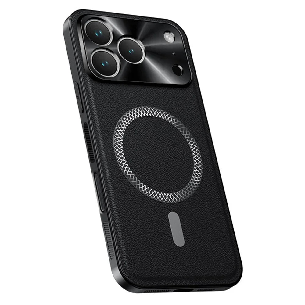 For iPhone 17 Pro Case Compatible with MagSafe PU TPU PC Phone Back Cover with Metal Lens Frame - Black - 1