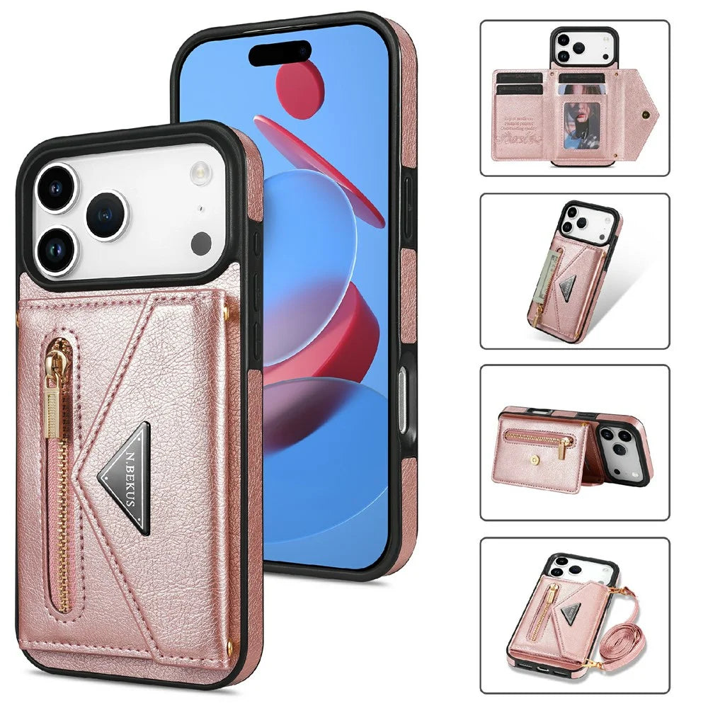 N.BEKUS For iPhone 18 Pro / 17 Pro Leather Zipper Case Card Holder Phone Cover with Shoulder Strap - Pink - 1