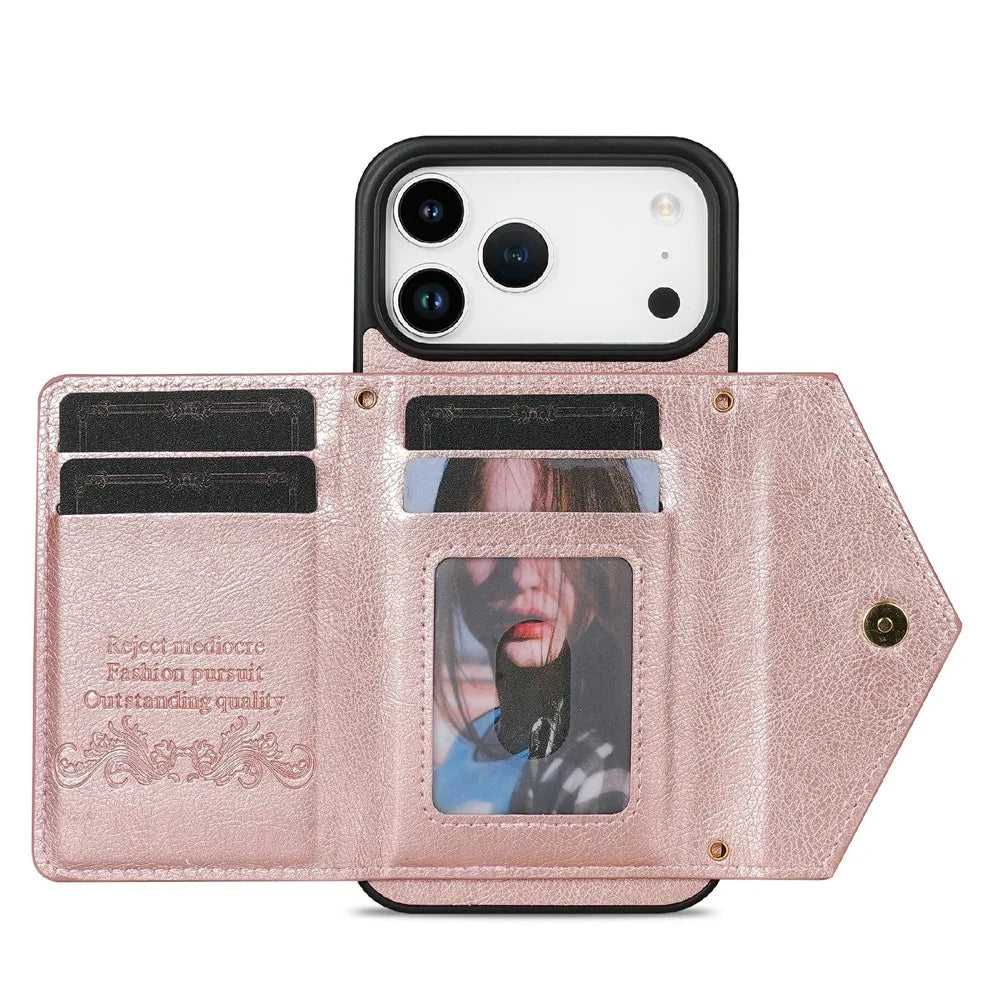 N.BEKUS For iPhone 18 Pro Max / 17 Pro Max Leather Zipper Case Card Holder Phone Cover with Shoulder Strap - Pink - 2