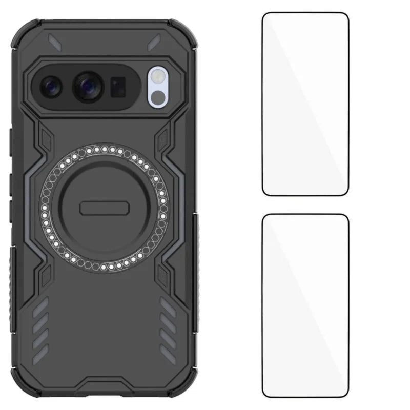 WANLONFENG For Google Pixel 10 Pro Magnetic Case  DJ Series PC TPU Phone Cover with 2Pcs Tempered Glass Film - Black - 1