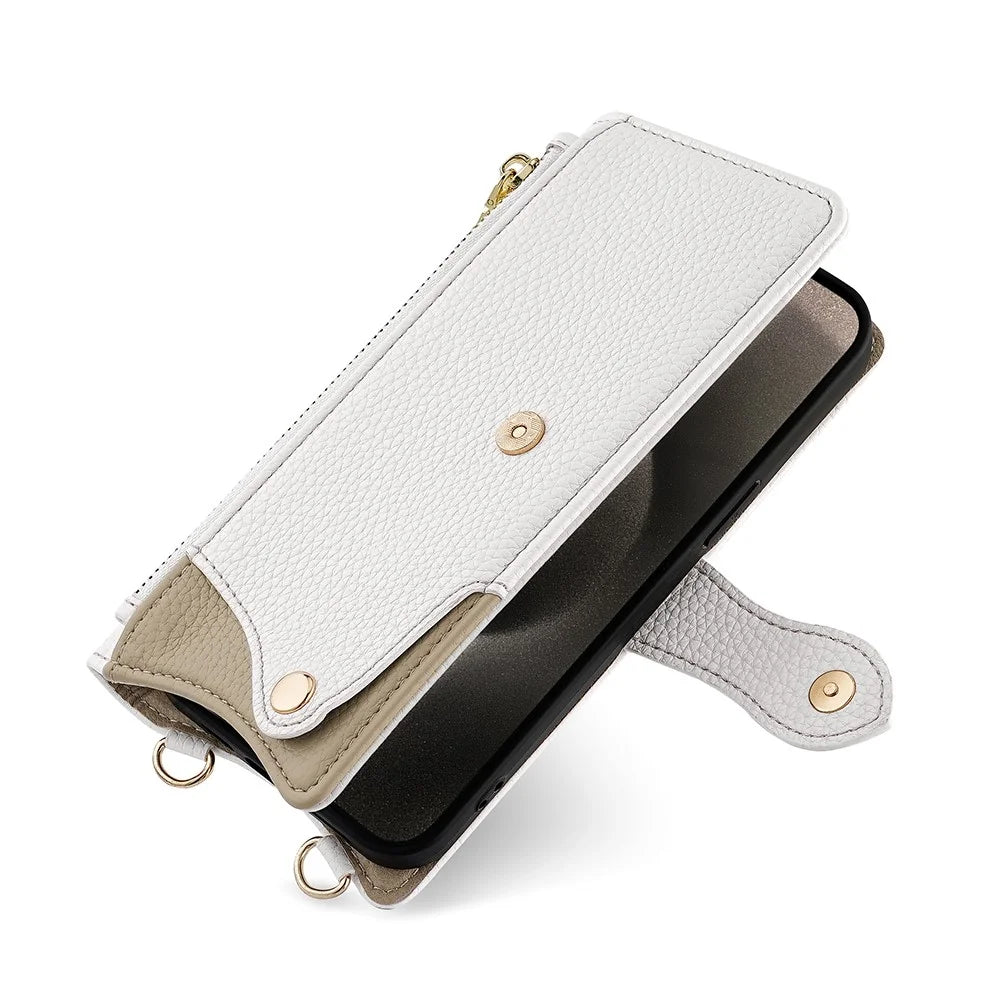 For iPhone Air Leather Case Wallet Stand Cover Irregular Tail Style with Chain Strap - White - 2
