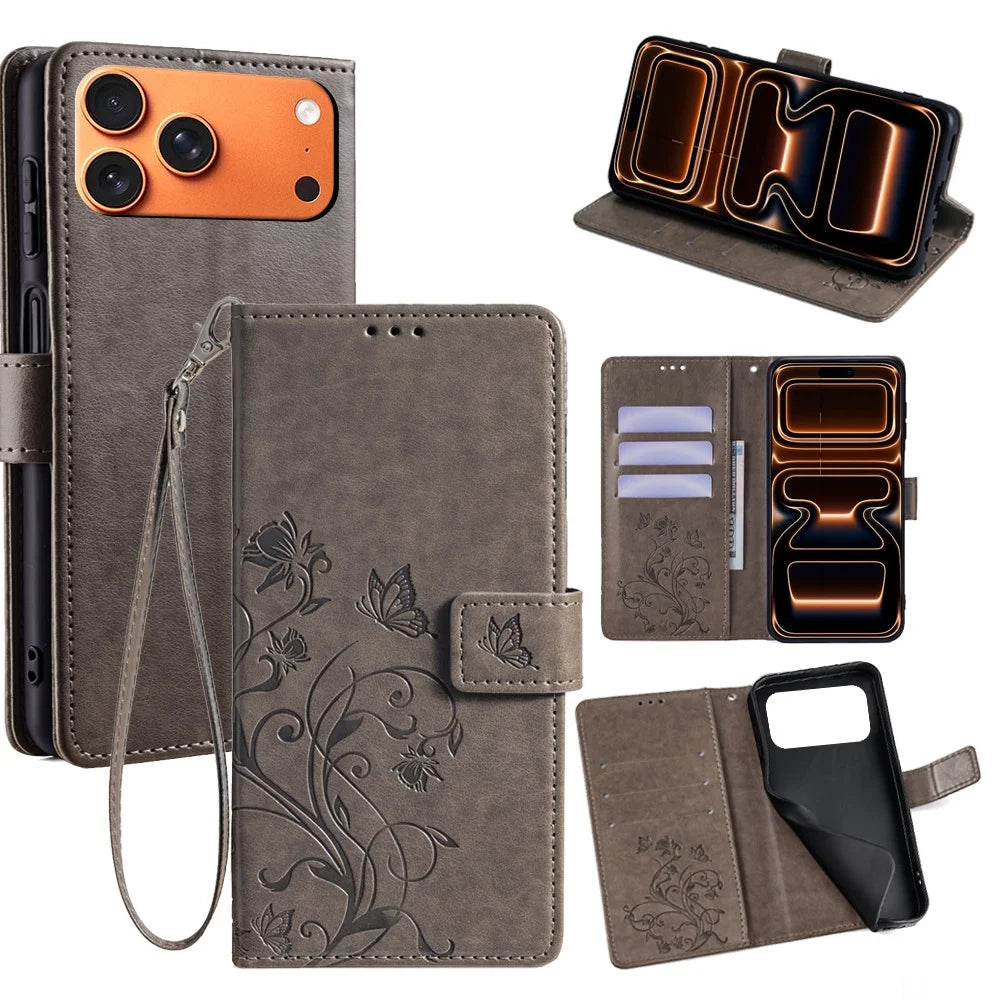 For iPhone 17 Pro Max Case Butterfly Flower Imprinted PU Leather Wallet Phone Cover - Grey - 1