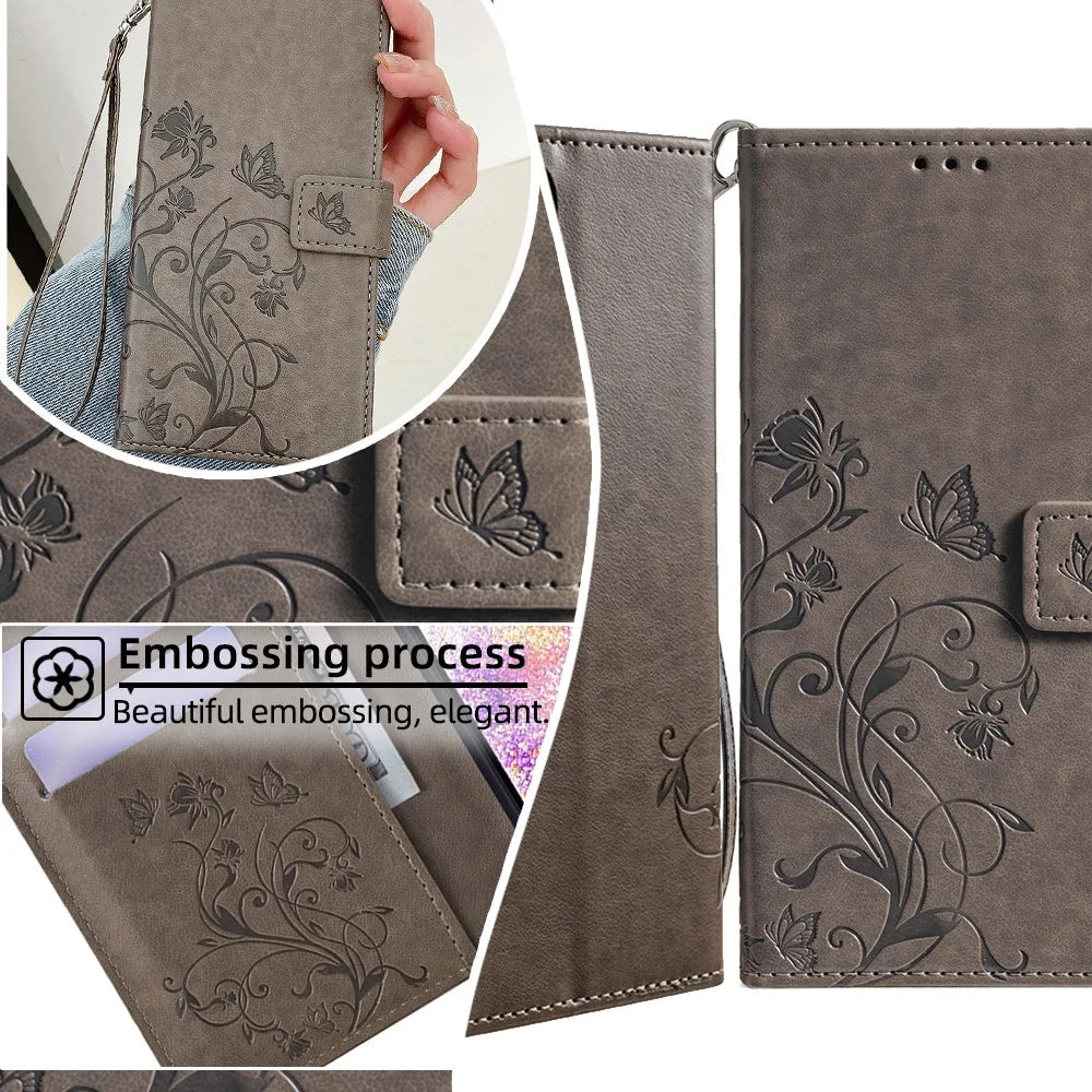 For iPhone 17 Pro Max Case Butterfly Flower Imprinted PU Leather Wallet Phone Cover - Grey - 2