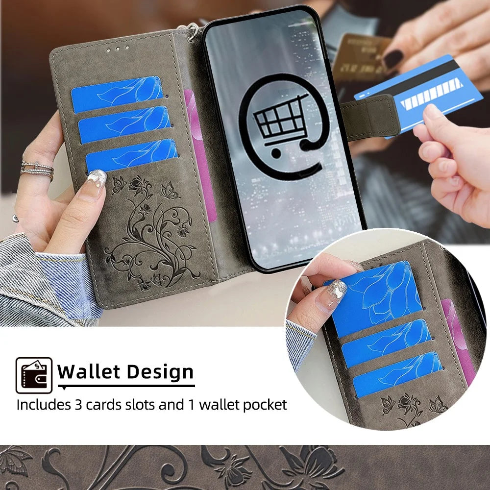 For iPhone 17 Pro Max Case Butterfly Flower Imprinted PU Leather Wallet Phone Cover - Grey - 4