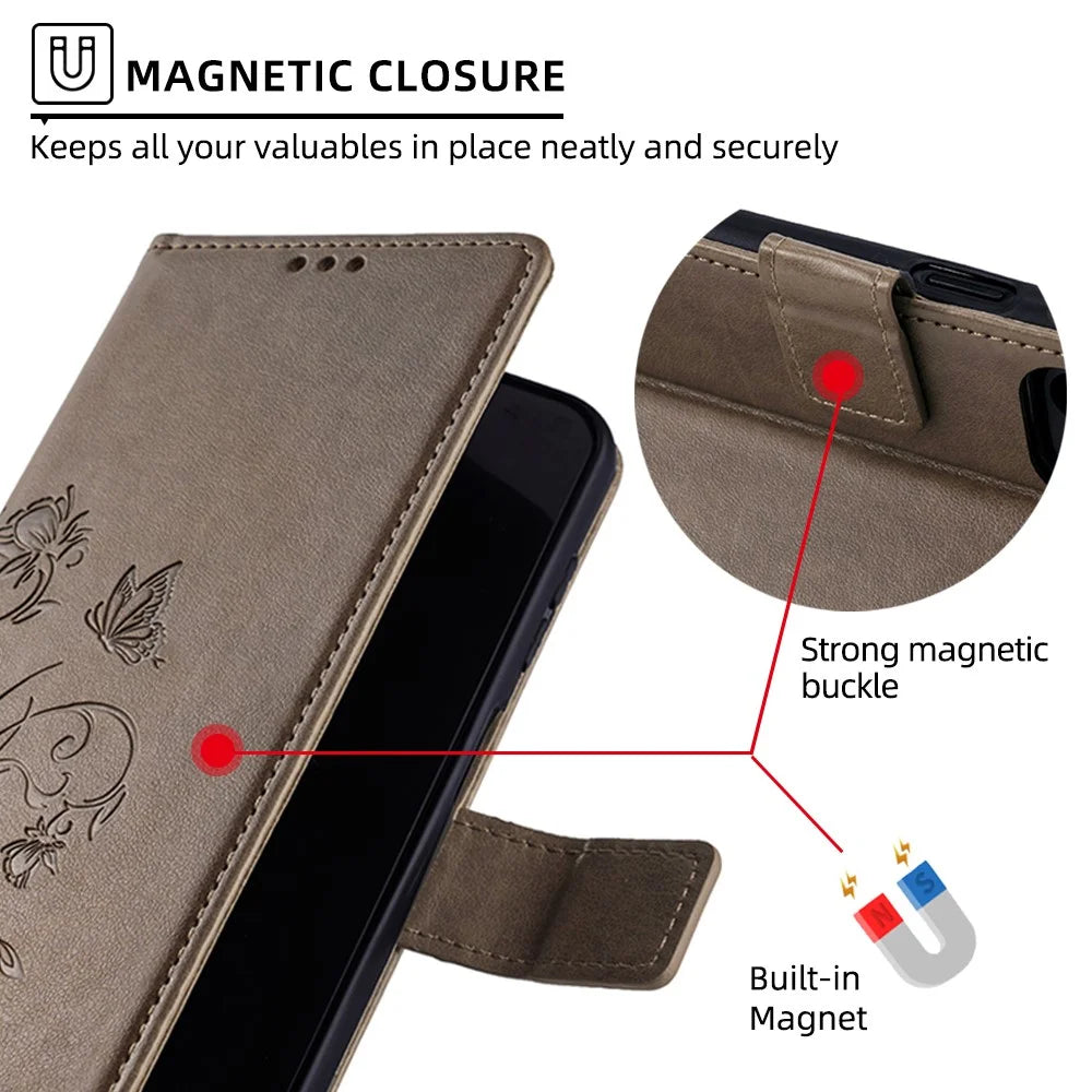 For iPhone 17 Pro Max Case Butterfly Flower Imprinted PU Leather Wallet Phone Cover - Grey - 5