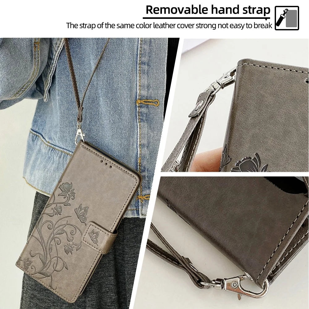 For iPhone 17 Pro Max Case Butterfly Flower Imprinted PU Leather Wallet Phone Cover - Grey - 6