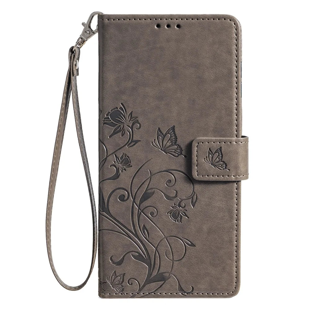 For iPhone 17 Pro Max Case Butterfly Flower Imprinted PU Leather Wallet Phone Cover - Grey - 7