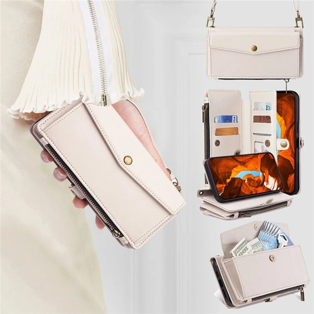 For iPhone 17 Case Card Slots Zipper Purse PU Leather Phone Cover with Shoulder Strap - White - 2