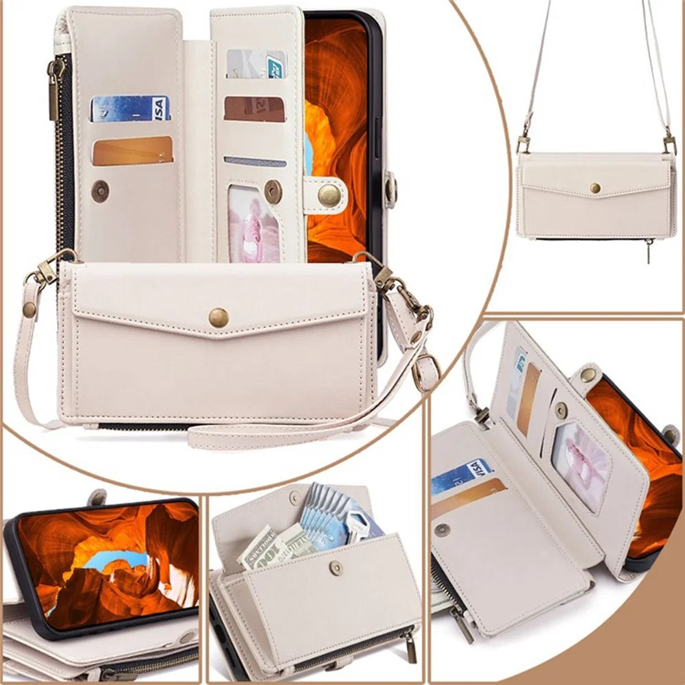 For iPhone 17 Case Card Slots Zipper Purse PU Leather Phone Cover with Shoulder Strap - White - 3