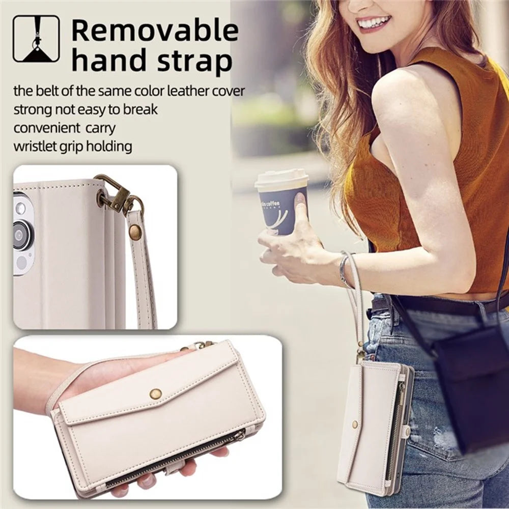 For iPhone 17 Case Card Slots Zipper Purse PU Leather Phone Cover with Shoulder Strap - White - 5