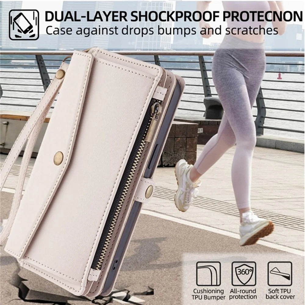 For iPhone 17 Case Card Slots Zipper Purse PU Leather Phone Cover with Shoulder Strap - White - 7