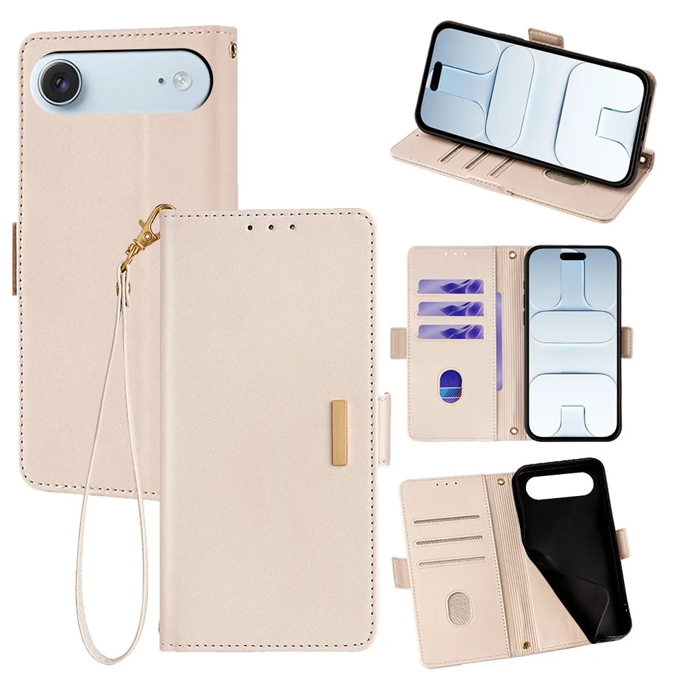 For iPhone Air Case RFID Blocking Wallet PU Leather Phone Cover with Wrist Strap - White - 1
