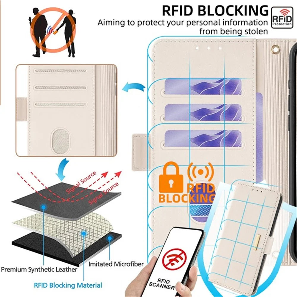 For iPhone Air Case RFID Blocking Wallet PU Leather Phone Cover with Wrist Strap - White - 6
