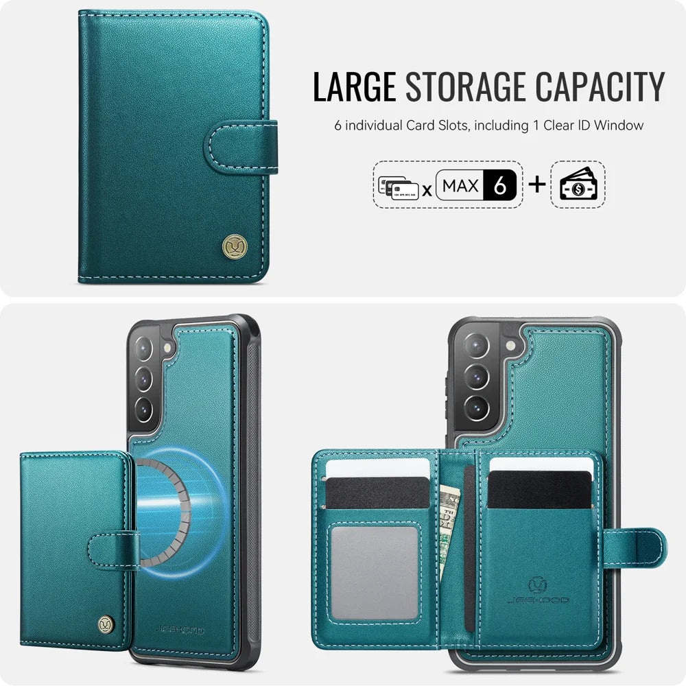 JEEHOOD For Samsung Galaxy S22 5G Case  J09 RFID Blocking Card Holder Leather Back Phone Cover Magnetic Case - Green - 3
