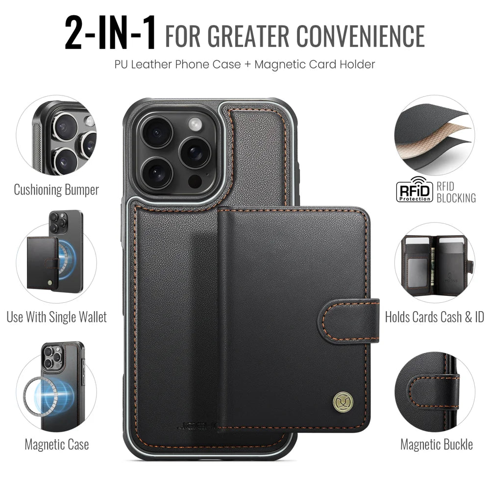 JEEHOOD For iPhone 16 Pro Max Case  J09 RFID Blocking Card Holder Leather Back Phone Cover Compatible with MagSafe - Black - 2