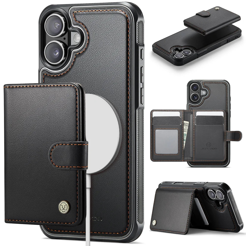 JEEHOOD For iPhone 16 Case  J09 RFID Blocking Card Holder Leather Back Phone Cover Compatible with MagSafe - Black - 1