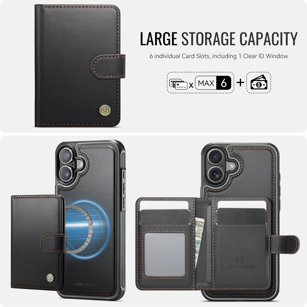 JEEHOOD For iPhone 16 Case  J09 RFID Blocking Card Holder Leather Back Phone Cover Compatible with MagSafe - Black - 3