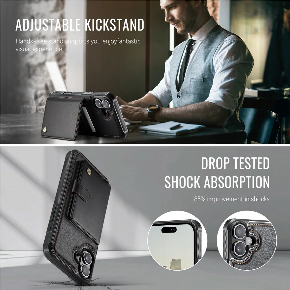 JEEHOOD For iPhone 16 Case  J09 RFID Blocking Card Holder Leather Back Phone Cover Compatible with MagSafe - Black - 4