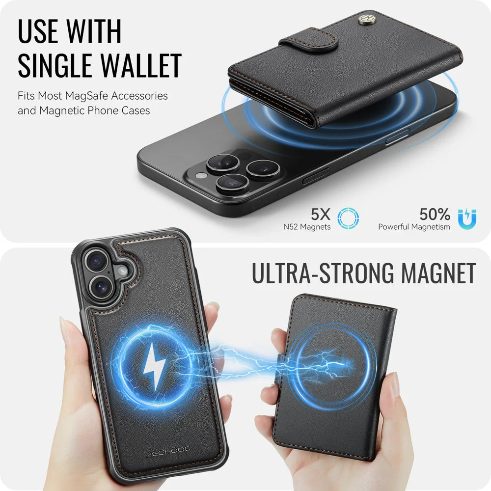 JEEHOOD For iPhone 16 Case  J09 RFID Blocking Card Holder Leather Back Phone Cover Compatible with MagSafe - Black - 7
