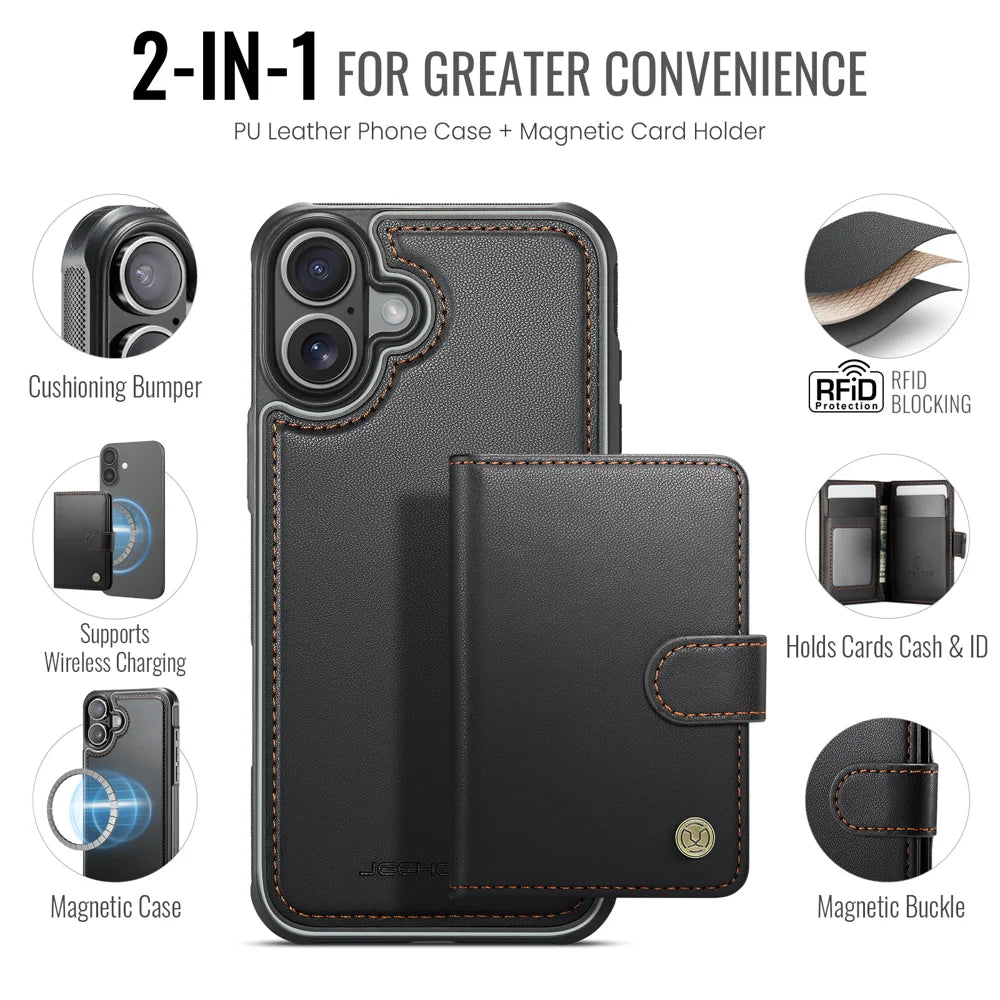 JEEHOOD For iPhone 16 Plus Case  J09 RFID Blocking Card Holder Leather Back Phone Cover Compatible with MagSafe - Black - 2