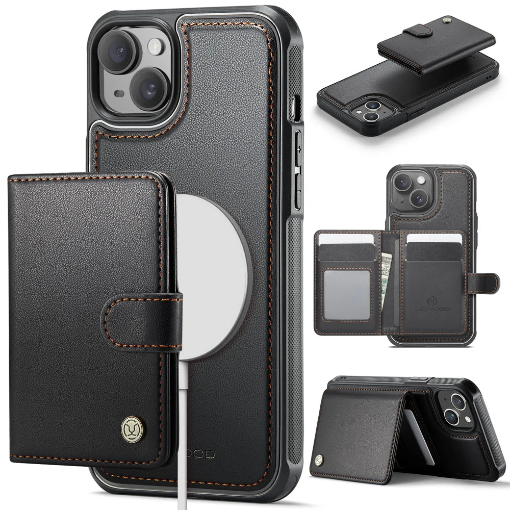 JEEHOOD For iPhone 15 Case  J09 RFID Blocking Card Holder Leather Back Phone Cover Compatible with MagSafe - Black - 1