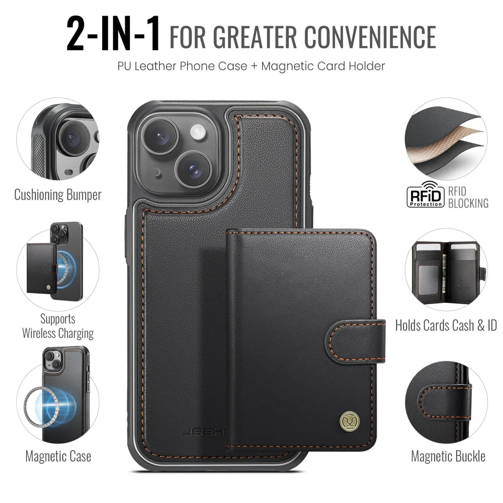 JEEHOOD For iPhone 15 Case  J09 RFID Blocking Card Holder Leather Back Phone Cover Compatible with MagSafe - Black - 2