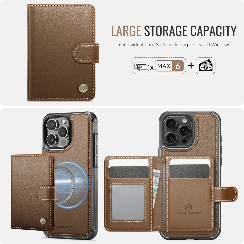 JEEHOOD For iPhone 15 Pro Max Case  J09 RFID Blocking Card Holder Leather Back Phone Cover Compatible with MagSafe - Brown - 3
