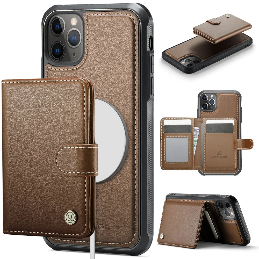 JEEHOOD For iPhone 11 Pro Case  J09 RFID Blocking Card Holder Leather Back Phone Cover Compatible with MagSafe - Brown - 1