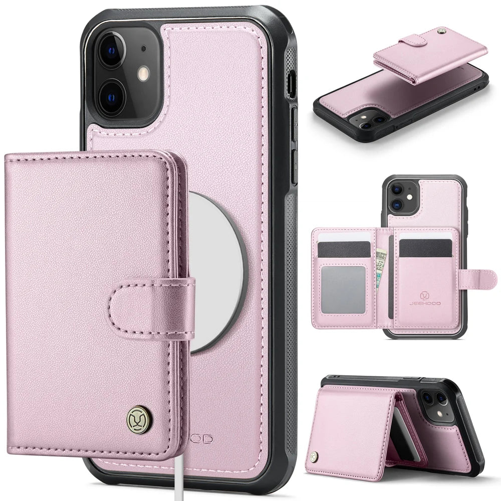 JEEHOOD For iPhone 12 Pro 6.1 inch / iPhone 12 6.1 inch Case  J09 RFID Blocking Card Holder Leather Back Phone Cover Compatible with MagSafe - Pink - 1