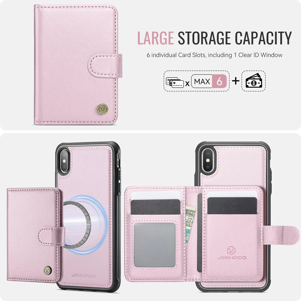 JEEHOOD For iPhone XS 5.8 inch / iPhone X Case  J09 RFID Blocking Card Holder Leather Back Phone Cover Compatible with MagSafe - Pink - 3