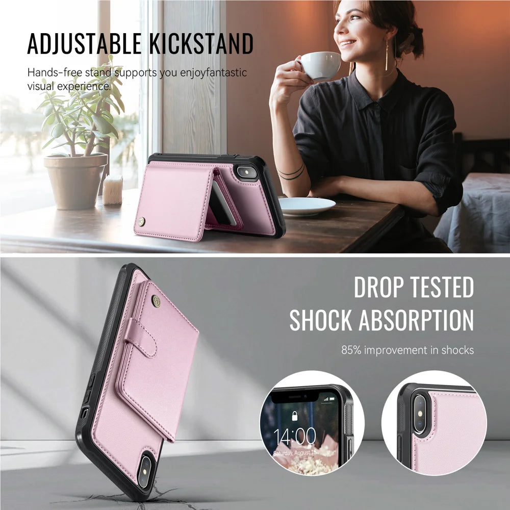 JEEHOOD For iPhone XS 5.8 inch / iPhone X Case  J09 RFID Blocking Card Holder Leather Back Phone Cover Compatible with MagSafe - Pink - 4