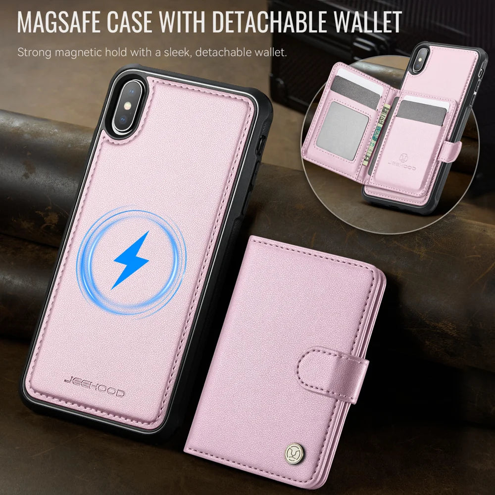 JEEHOOD For iPhone XS 5.8 inch / iPhone X Case  J09 RFID Blocking Card Holder Leather Back Phone Cover Compatible with MagSafe - Pink - 5