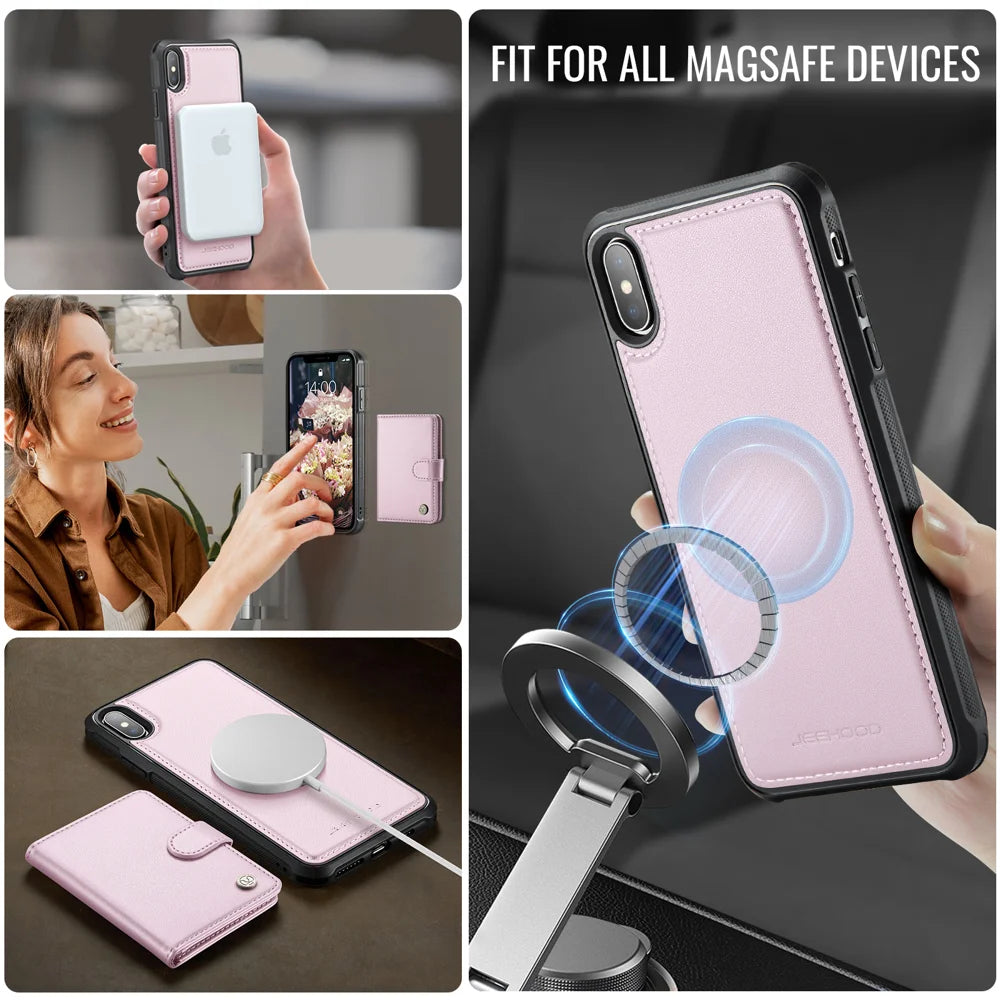 JEEHOOD For iPhone XS 5.8 inch / iPhone X Case  J09 RFID Blocking Card Holder Leather Back Phone Cover Compatible with MagSafe - Pink - 6